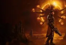Man with gun stands before a multi-armed figure in a fantasy landscape.