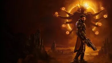 Man with gun stands before a multi-armed figure in a fantasy landscape.