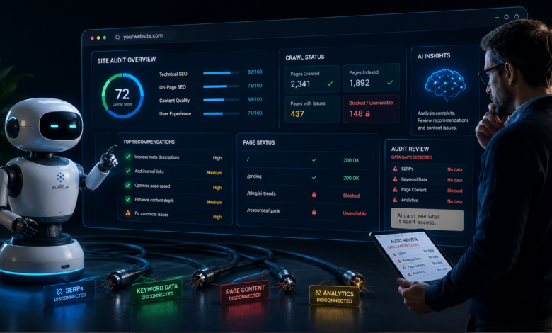 SEO audit dashboard with robot assistant and data connections.