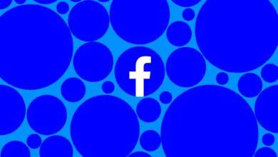 Facebook logo on blue circle background pattern.
