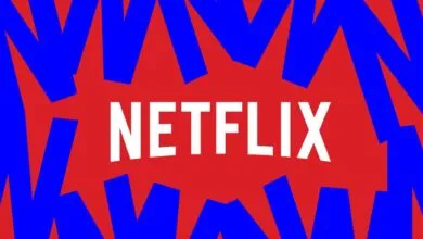 Netflix logo in white on red background with blue abstract shapes.