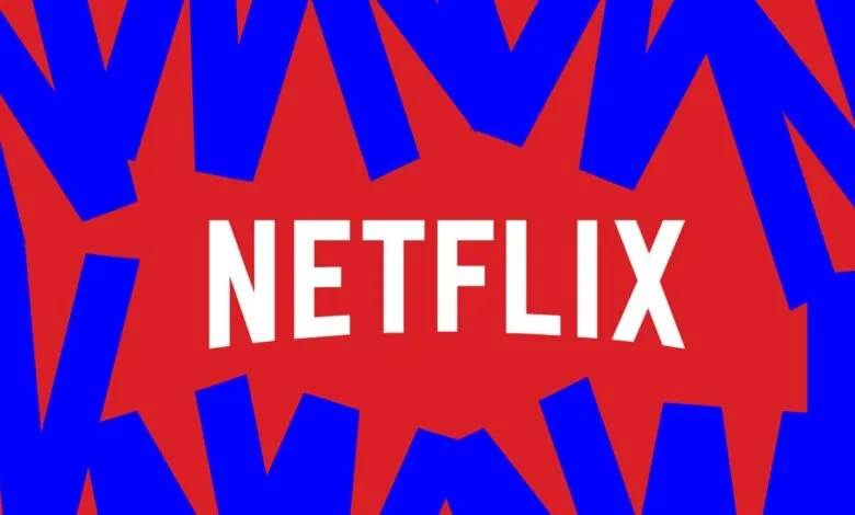 Netflix logo in white on red background with blue abstract shapes.