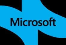 Microsoft logo with black text on a blue and black abstract background.