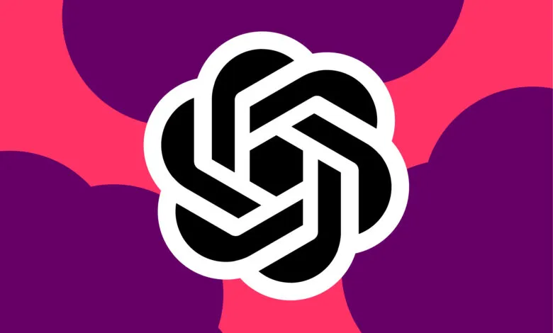 OpenAI logo in black and white on a pink and purple background.