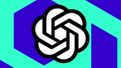 OpenAI logo, a white geometric design with black outline, on a blue and teal background.