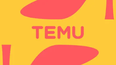 Temu logo on yellow background with abstract shapes.