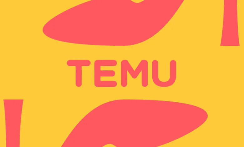 Temu logo on yellow background with abstract shapes.
