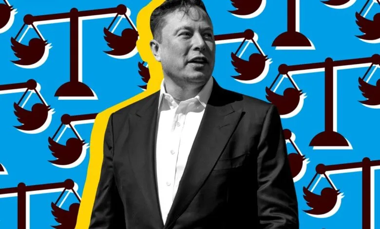 Elon Musk in suit against Twitter logo scales on blue background.