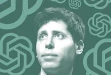 Portrait of Sam Altman, CEO of OpenAI, with OpenAI logo background.