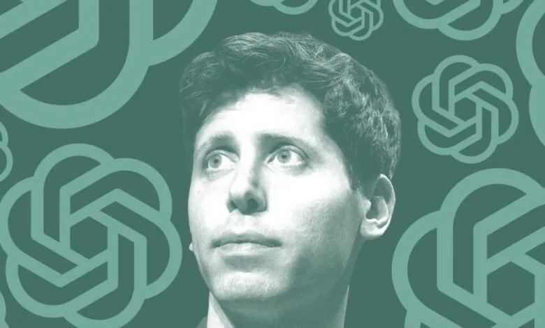 Portrait of Sam Altman, CEO of OpenAI, with OpenAI logo background.