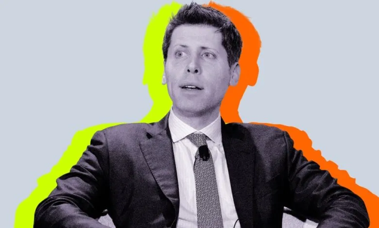 Sam Altman in suit with colorful shadows, looking to the side.