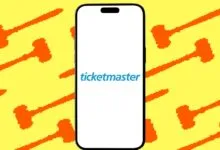Ticketmaster app displayed on a smartphone against a background of pixelated gavels.