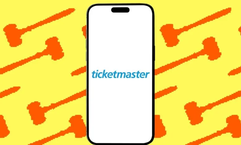 Ticketmaster app displayed on a smartphone against a background of pixelated gavels.