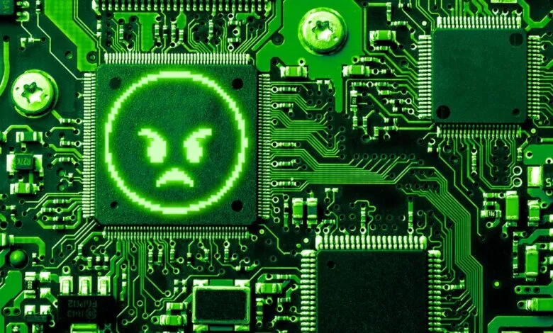 Green circuit board with an angry pixelated face on a chip.
