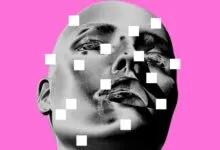 Monochrome headshot with white squares on pink background, abstract art.