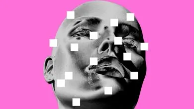 Monochrome headshot with white squares on pink background, abstract art.