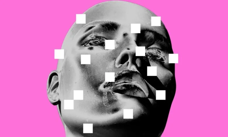 Monochrome headshot with white squares on pink background, abstract art.