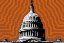 United States Capitol Building with orange pixelated background.