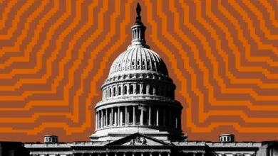 Stylized image of the US Capitol Building with an orange patterned background.