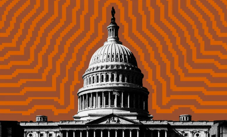 Stylized image of the US Capitol Building with an orange patterned background.