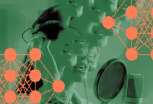 Abstract image of a person singing into a microphone with network overlay.