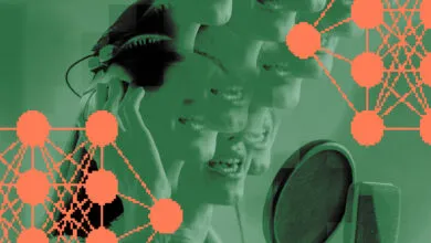 Abstract image of a person singing into a microphone with network overlay.