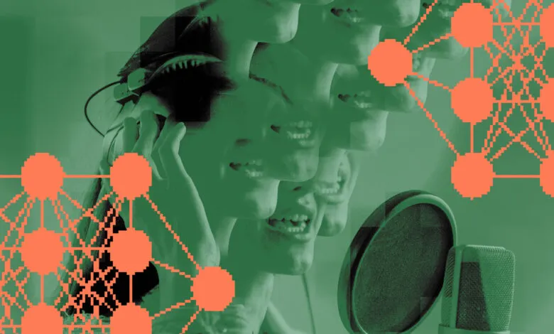 Abstract image of a person singing into a microphone with network overlay.