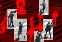 Stylized image of pedestrians with face detection boxes, red and black overlay.