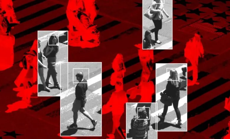 Stylized image of pedestrians with face detection boxes, red and black overlay.