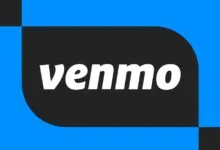 Venmo logo on a blue and black geometric background.