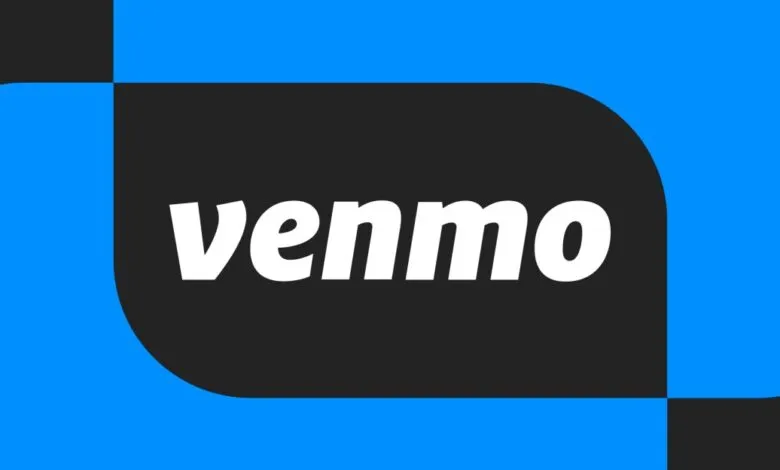 Venmo logo on a blue and black geometric background.
