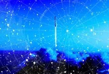Rocket launch overlaid on a star chart, blue and white tones.