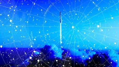 Rocket launch overlaid on a star chart, blue and white tones.