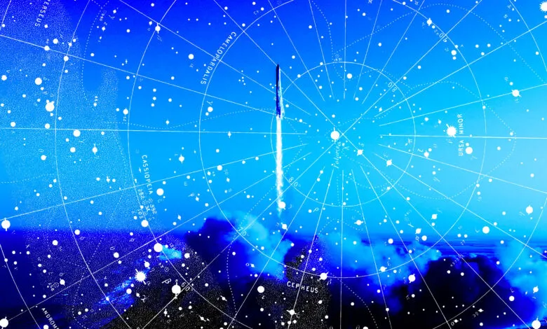 Rocket launch overlaid on a star chart, blue and white tones.