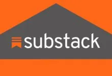 Substack logo on orange and gray background.