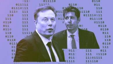 Elon Musk and Sam Altman against a binary code background.