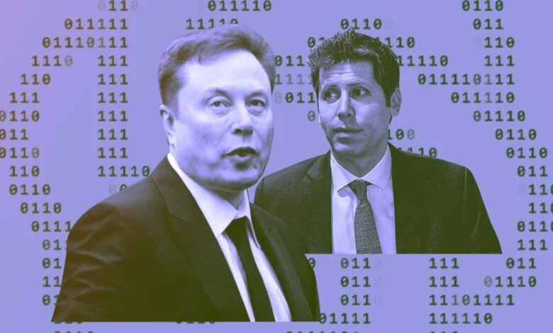 Elon Musk and Sam Altman against a binary code background.
