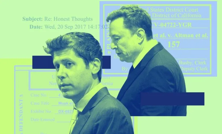 Composite image of Elon Musk, Sam Altman, and court documents in blue and green tones.