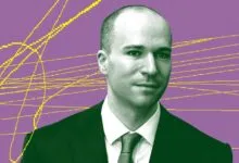 Greg Brockman portrait with purple and yellow abstract background.