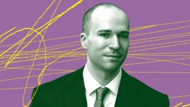 Greg Brockman portrait with purple and yellow abstract background.