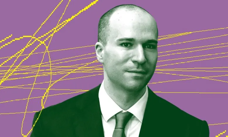 Greg Brockman portrait with purple and yellow abstract background.