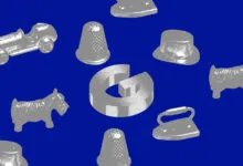 Monopoly game pieces and Google logo on blue background.