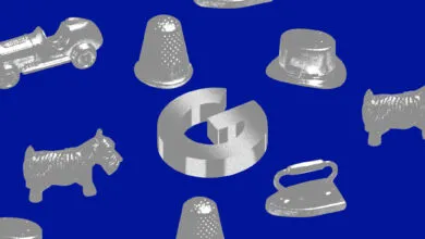 Monopoly game pieces and Google logo on blue background.