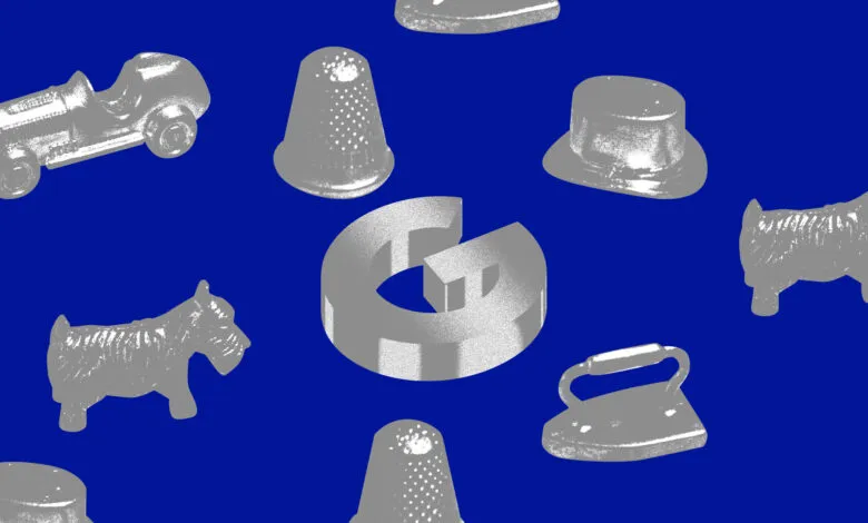 Monopoly game pieces and Google logo on blue background.