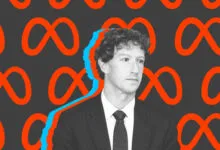 Mark Zuckerberg portrait with Meta logo background, blue shadow effect.