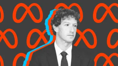 Mark Zuckerberg portrait with Meta logo background, blue shadow effect.