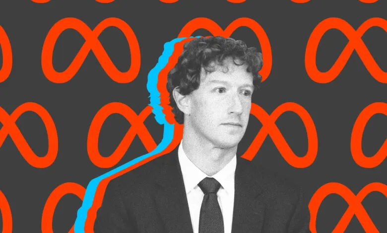Mark Zuckerberg portrait with Meta logo background, blue shadow effect.