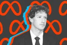 Mark Zuckerberg with Meta logo background, blue outline effect.