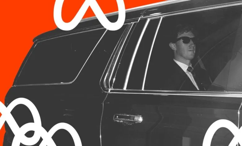 Man in sunglasses rides in car with Airbnb logo overlay.