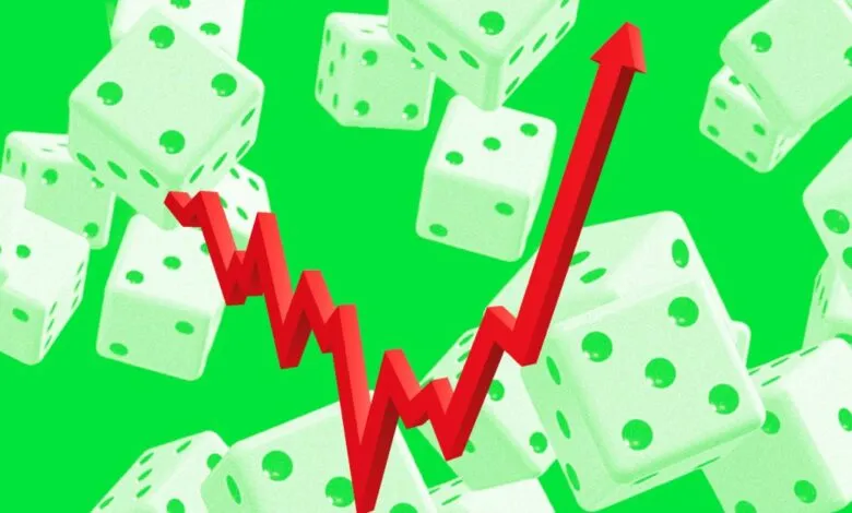 Dice with a red upward trending line graph overlayed on a green background.